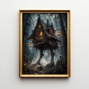 May include: A framed print of a whimsical, dark fantasy house on stilts, set in a misty forest. The house is brown with glowing windows and hanging lanterns. The artwork has a gold frame.
