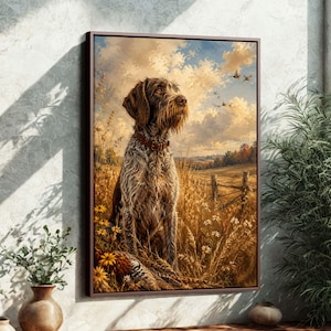 May include: A framed painting of a brown and white Wirehaired Pointing Griffon dog in a field. The dog is wearing a brown collar and is surrounded by tall grass and wildflowers. The background features a fence, trees, and a cloudy sky.