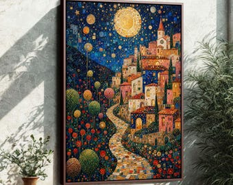 Starry Night Village Framed Canvas | Post Impressionist Art | Colorful Impasto Wall Decor | Living Room Art 4UMGIM