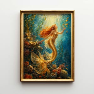 May include: A framed artwork shows a golden mermaid with red hair, reaching for small golden fish. The mermaid's tail shimmers, and the underwater scene features coral and seaweed in gold, orange, and blue hues.