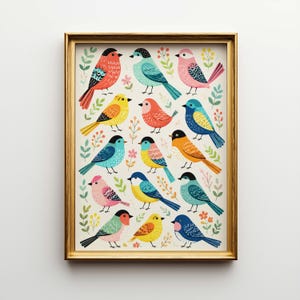 May include: A framed art print showcasing a variety of vibrant, stylized birds. Each bird is illustrated with distinct patterns and colours, set against a cream backdrop with floral and leaf details. The frame is gold.