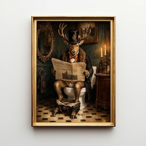 May include: Framed artwork depicting a deer in a top hat and suit, reading a newspaper titled "Morning News" while on the toilet. The image has a vintage style, set in a dark, ornate bathroom with a gold frame.