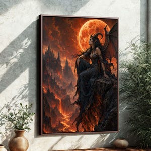 Inramad canvastavla med Lilith Demon | Väggkonst med mörk fantasi | Gotisk ockult rumsdekor | Retro oljemålning AIJHY8