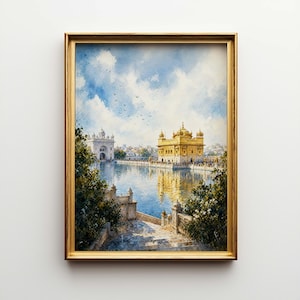 May include: A framed watercolor painting depicts the Golden Temple in Amritsar, India. The artwork showcases the temple's golden facade reflected in the serene water, under a cloudy blue sky. The frame is gold.