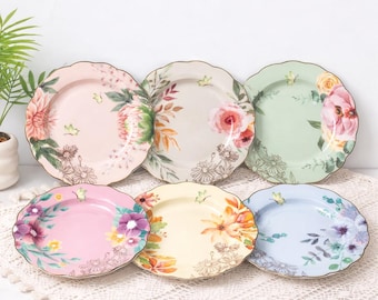 Floral Ceramic Dinner Plates Set Vintage Pastel Dishware Boho Flower Tableware Set of 6