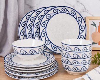 Coastal Dinnerware Set 12 Piece Stoneware Plates Bowls Service for 4