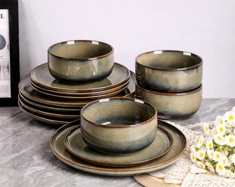 Ceramic Dinnerware 12 Pieces Handmade Reactive Glaze Plates Bowls Set for 4