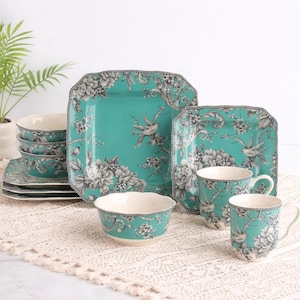Contemporary Floral Porcelain Dinnerware Set 16 Piece Service for 4 Microwave Dishwasher