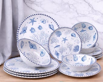 Coastal Ocean Dinnerware Set Sea Life Plates Bowls Service for 4 Beach Design