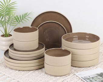 Aardewerk serviesgoed 16-delig reactief glazuur stapelbare borden kommen pasta magnetronbestendig