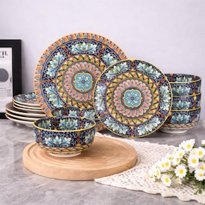 Bohemian Porcelain Dinnerware Set 12 Piece Plates Bowls Set for 4 Microwave Dishwasher Safe
