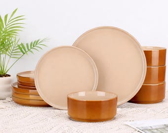 Reactive Glaze Dinnerware Set 12 Piece Stoneware Plates Bowls Service for 4