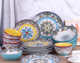Conjunto de jantar de cerâmica com estampa floral espanhola, 16 peças, serviço para 4 pessoas, design multicolorido.