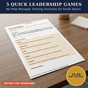 Peut inclure: Un document imprimé blanc intitulé 5 Quick Leadership Games avec le sous-titre No-Prep Manager Training Activities for Small Teams. La page présente une section intitulée The 5 Decisions avec cinq catégories : Results, Relationships, Growth, Stability et Innovation.
