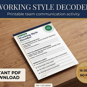 Puede incluir: Una hoja de trabajo imprimible para equipos titulada Working Style Decoder, que incluye secciones sobre estilo de comunicación, preferencias de colaboración, y fortalezas y hábitos. El documento muestra los textos My Communication Style, Team Collaboration Preferences y Strengths & Habits.