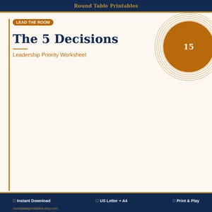 May include: A printable worksheet titled "The 5 Decisions" with the text "Leadership Priority Worksheet." The design features a dark blue header and footer, with a cream-colored background. A gold circle with the number 15 is in the upper right corner. The Etsy shop name is visible.