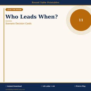 May include: A digital print with the text "Who Leads When?" and "Scenario Decision Cards" in a bold font. A circular graphic with the number 11 is in the upper right corner. The design includes the text "LEAD THE ROOM" and "Round Table Printables".