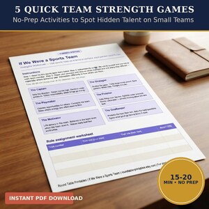 Puede incluir: Una hoja de trabajo de papel blanco titulada If We Were a Sports Team con instrucciones y descripciones de roles como The Captain, The Strategist, The Playmaker, The Finisher, The Motivator y The Goalkeeper, más una tabla de roles.