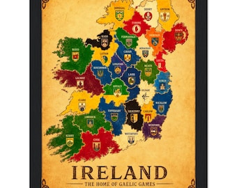 Ireland GAA County Colours Map Print | Vintage Gaelic Games Poster | Irish Sports Wall Art | Framed GAA Map of Ireland