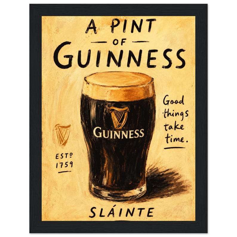 A Pint of Guinness – Vintage Irish Pub Style Framed Print | Matte Paper Wooden Poster 27x35 cm (11x14″) image 1