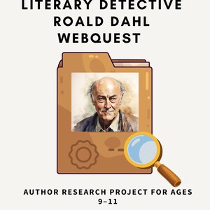 Peut inclure: Ressource éducative numérique « Détective littéraire Roald Dahl Webquest » pour les 9-11 ans. L'image présente un dossier marron avec un portrait de Roald Dahl, une loupe et le texte « Télécharger maintenant ».