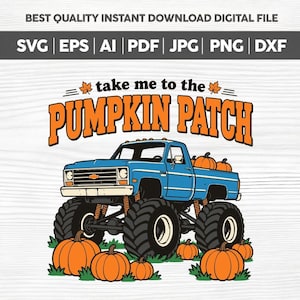 Może przedstawiać: Cyfrowy projekt graficzny przedstawiający niebieską ciężarówkę typu monster truck przewożącą dynie na pace, z napisem "take me to the PUMPKIN PATCH" powyżej. Kilka pomarańczowych dyń jest rozmieszczonych na podłożu wokół dużych opon pojazdu.