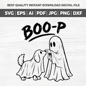 May include: A black and white digital graphic design featuring a ghost and a dog wearing a ghost costume. The ghost is touching the dog's nose. The text BOO-P is written in a bold, brush-style font above the figures. The file formats listed are SVG, EPS, AI, PDF, JPG, PNG, and DXF.