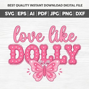 Può includere: Un design grafico digitale che presenta il testo 'love like DOLLY' in caratteri corsivi e in stampatello rosa con pois bianchi. Una farfalla rosa con pois bianchi è posizionata sotto la parola DOLLY. In alto è presente il testo dei formati file.