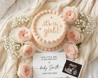 C'est un faire-part de grossesse pour fille, modèle numérique modifiable de révélation de sexe pour bébé, gâteau rose