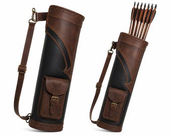 Braun Schwarz Leder Bogenschießen Köcher - Traditioneller Jagd Pfeil Halter Verstellbarer Riemen