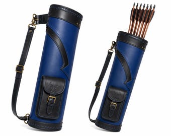 Blau Schwarz Leder Bogenschießen Köcher - Traditioneller Jagd Pfeilhalter Verstellbarer Riemen