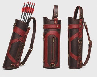 Handgefertigter, dunkelbrauner und roter Leder Bogenschießen Köcher Premium Jagd Pfeil Griff