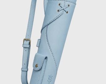 Hellblauer Leder Bogenschießen Köcher - Handgefertigter Jagdpfeil Halter - Verstellbare Schulter