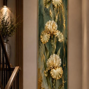 Golden Iris Vertical Art | Narrow Botanical Staircase Artwork (Digital Download)