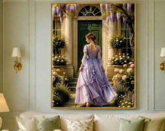 Print van een dame in een Victoriaanse Wisteria-tuin, romantische lavendeljurk als wanddecoratie (digitale download)