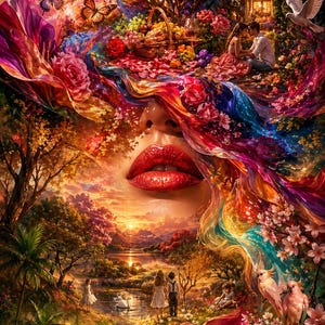 May include: A surreal digital artwork featuring a large pair of red lips surrounded by flowing, multi-coloured fabric, butterflies, and flowers. The scene includes a picnic, a couple, children near a lake, palm trees, and two pink cockatoos.
