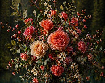 Luxe bloemen | Extra grote verticale koraal perzik roos boeket bossen Lakeside glazen vaas afdrukbare muurkunst (digitale download)