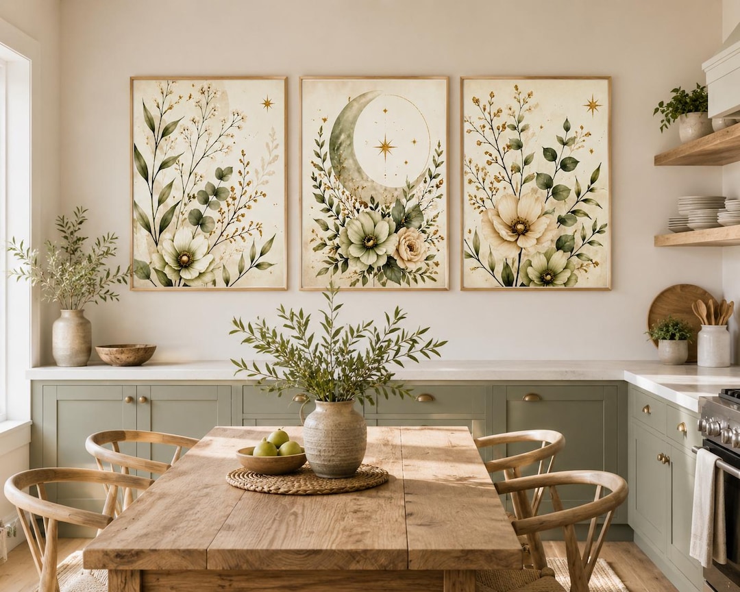 Sage Green Botanical Wall Art Set | Moon Floral Boho Prints (digital ...