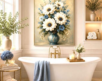 French Country Daisy Bouquet | Blue & White Floral Wall Art (Digital Download)