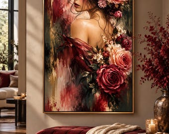 Romantische vrouw met rozen wanddecoratie, digitaal bloemenportret, bordeauxrode en roze vrouwelijke kunst, extra hoge verticale wanddecoratie