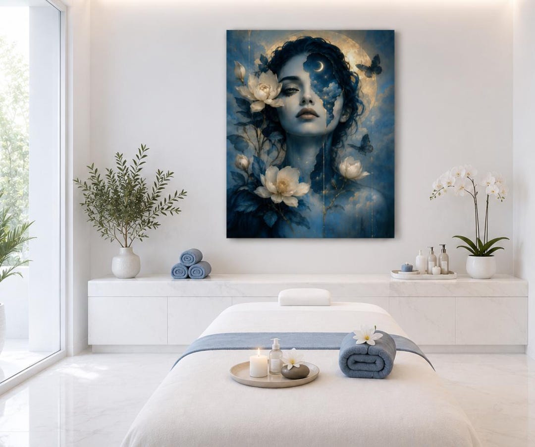 Celestial Woman Portrait | Blue Surreal Wall Art | Moon and Floral ...