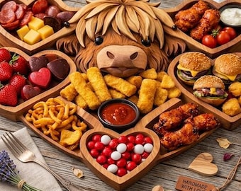 Handgjord snidad träbricka i form av en höglandsko, smyckeskartong och charkuteribricka, rustikt fat för heminredning, present till skotsk ko