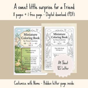 以下が含まれることがあります： 「Miniature Coloring Book」と「A sweet little surprise for a Friend」の文字が入った2つのミニチュア塗り絵。1冊は羊とアヒルのイラスト、もう1冊は鶏とアヒルのイラスト。 「A4 Sheet US Letter」が含まれています。