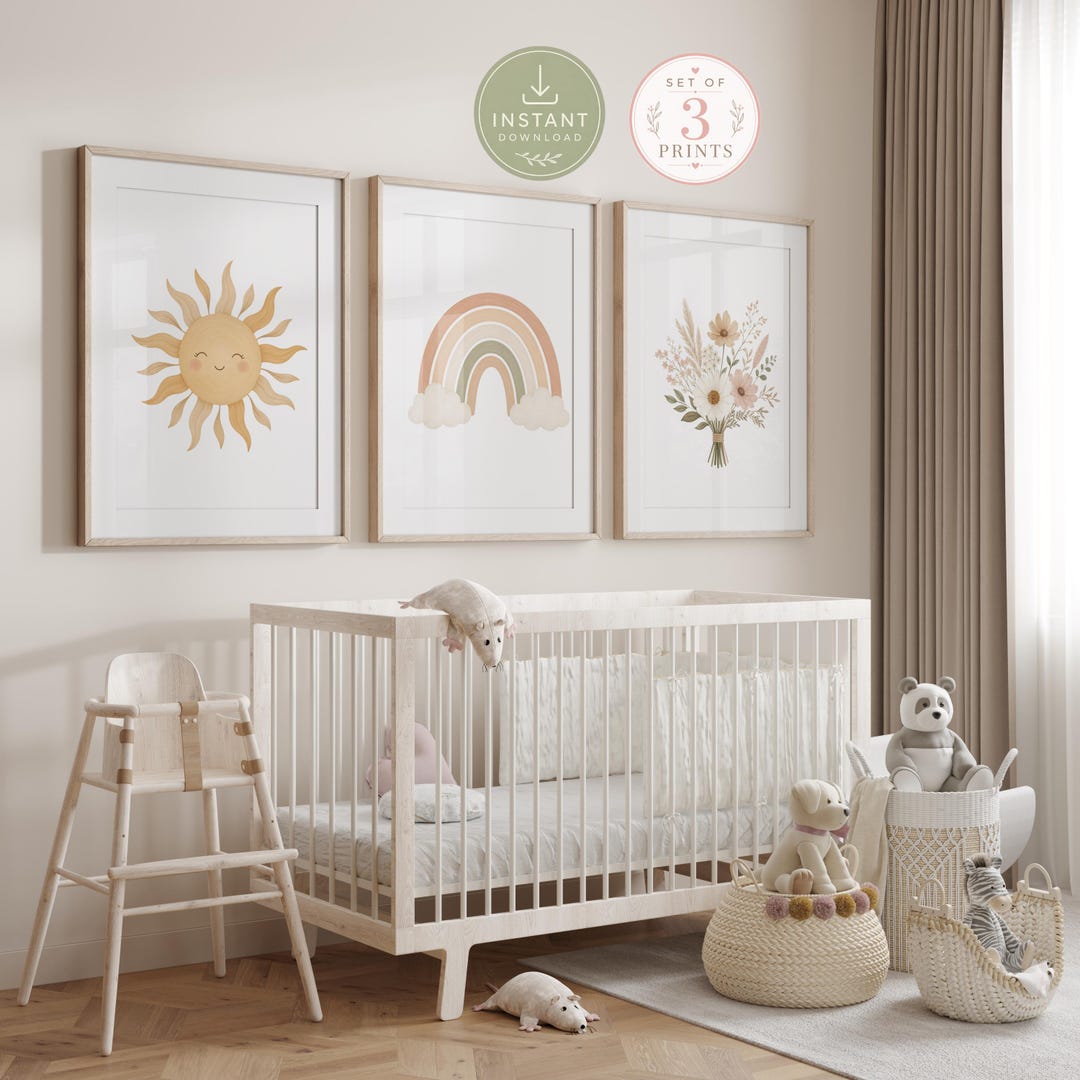 Boho Nursery Wall Art Set of 3 Prints, Neutral Sun Rainbow Flowers ...