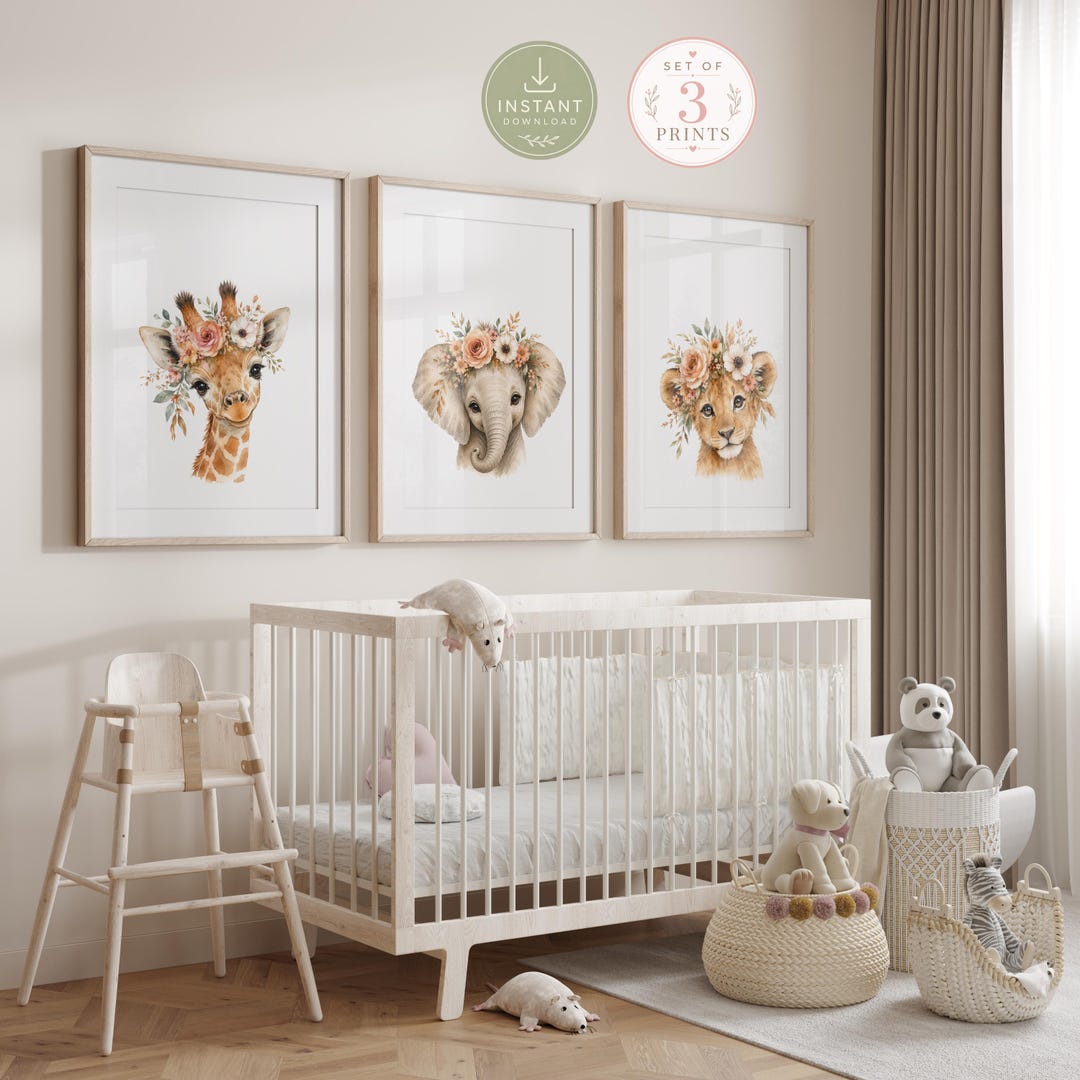 Boho Safari Nursery Wall Art Set of 3 | Baby Giraffe Elephant Lion ...