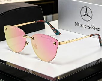 Premium Mercedes-Benz Gold Rimless Sunglasses, Pink gold Gradient Mirror Lens, Luxury Brand Inspired Cat Eye Shades,UV-protective sunglasses