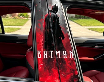 May include: A green car door with a Batman graphic. The graphic features a silhouette of Batman in a black cape against a red and black background. The word "BATMAN" is written in white.