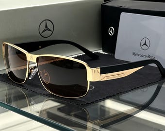 Mercedes-Benz Gold Black Rectangular Sunglasses,Gold Metal Frame Polarized Brown Lens,UV400 Driving,Anniversary Present forMercedesCarOwners