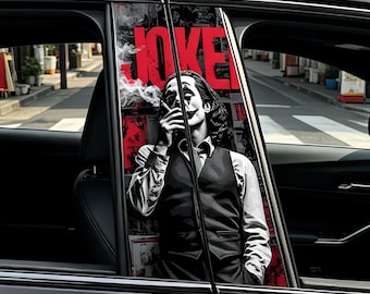 May include: Car window decal featuring a black and white image of a person smoking a cigarette, with the word "JOKE" in red. The image is set against a backdrop of red and white posters.