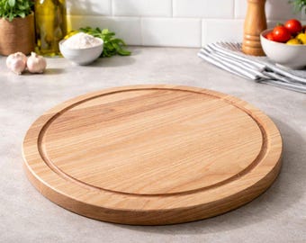 Pizzabrett aus Eschenholz Ø 30/40 cm – Rundes Servierbrett mit Saftrille, Holzbrett für Pizza, Käse & Antipasti